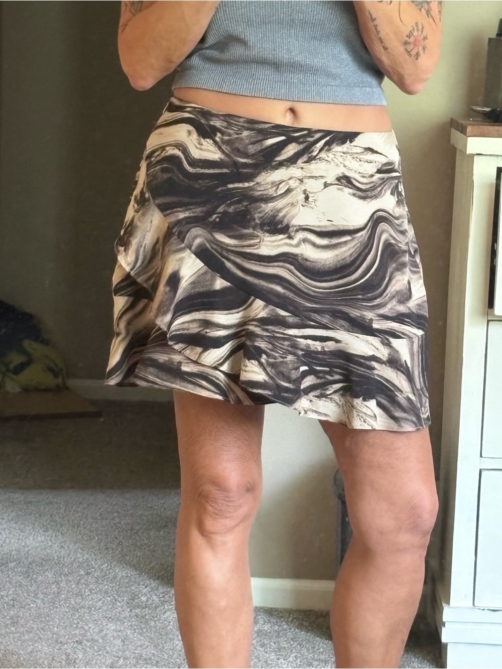 Bar III Marble-Effect Mini Skirt in Black & Cream